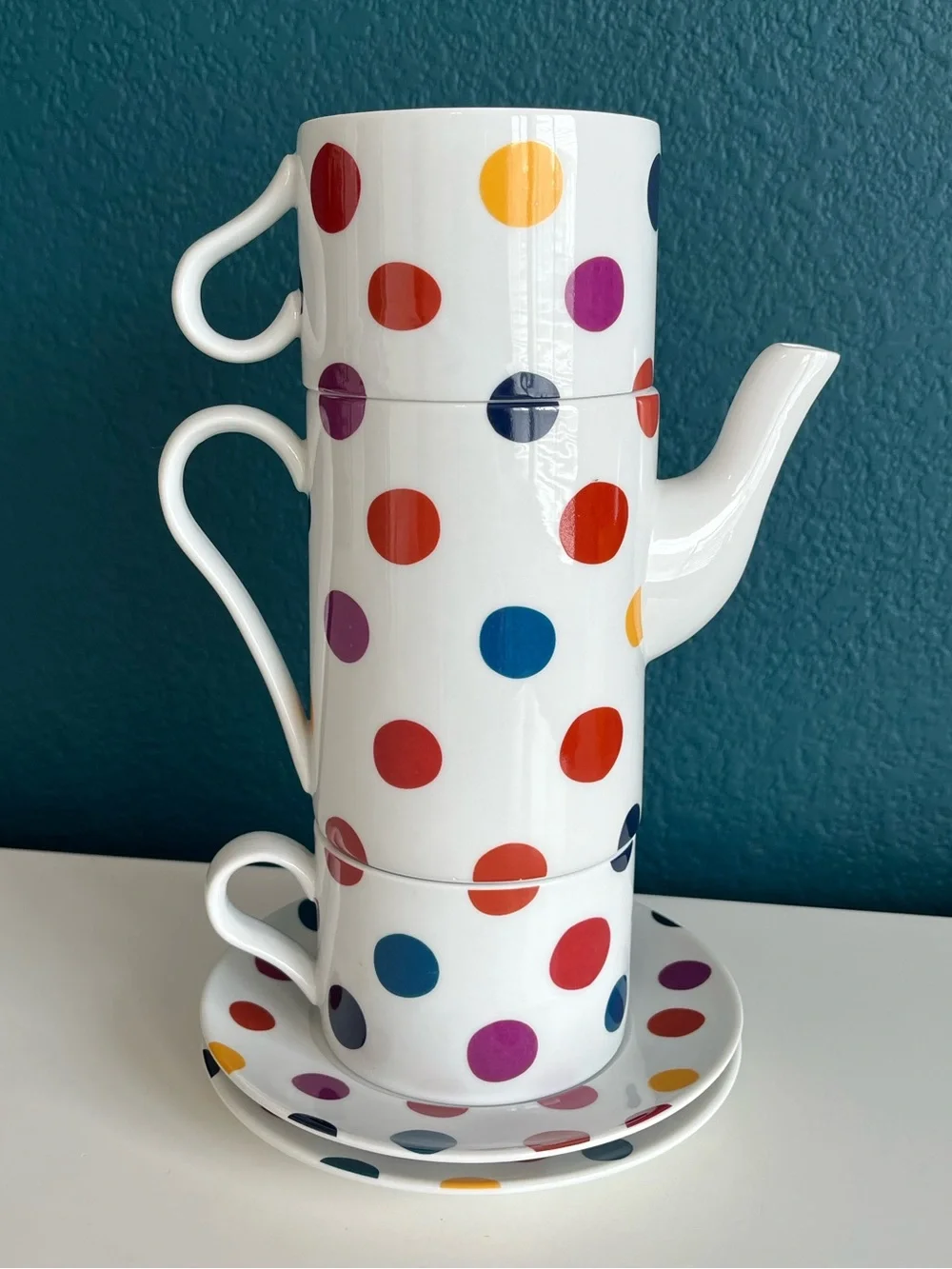 World Market Stackable Polka-Dot Tea Set with Teapot Teacups & Saucers